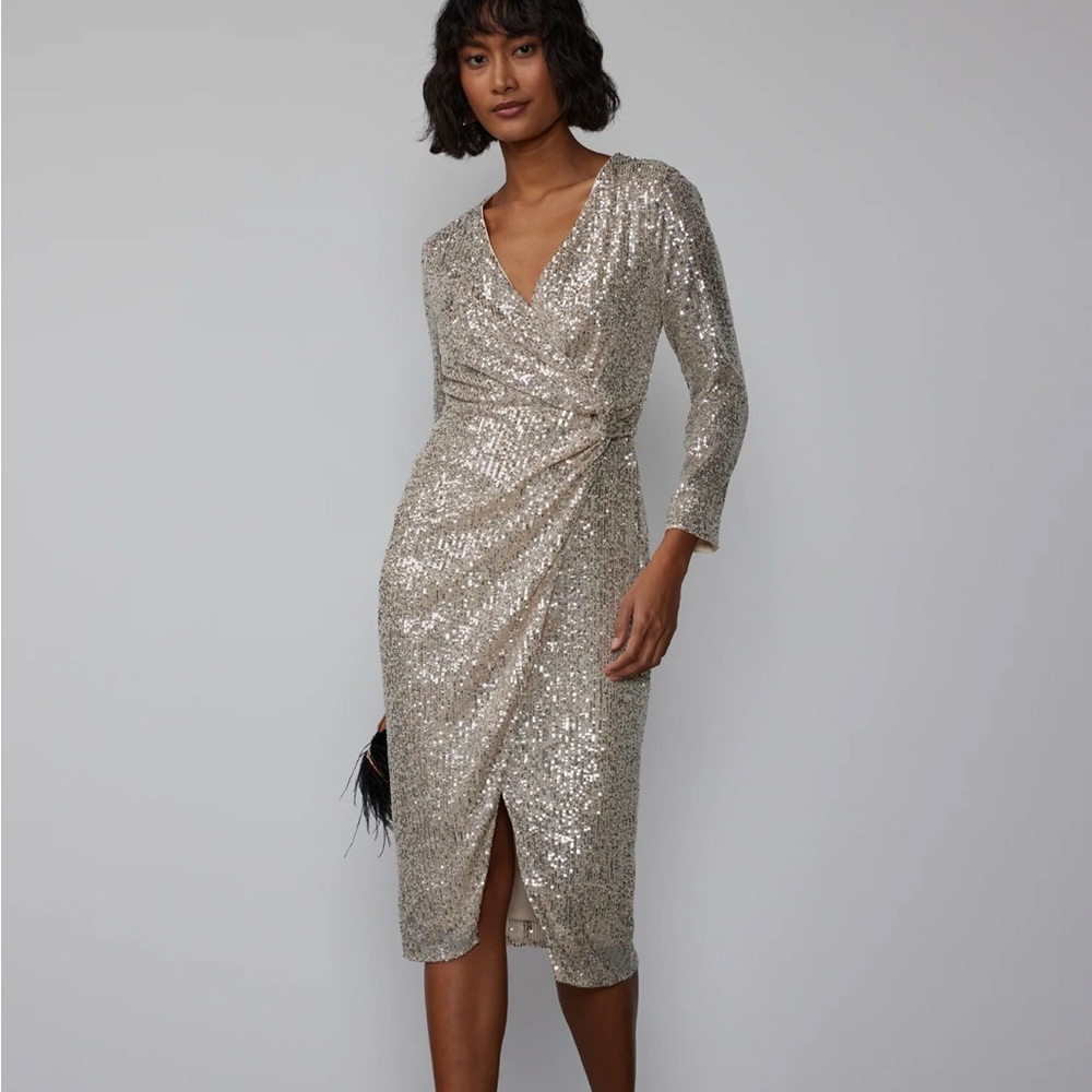 New York and Company Elegant Silver Sequin Wrap Dress